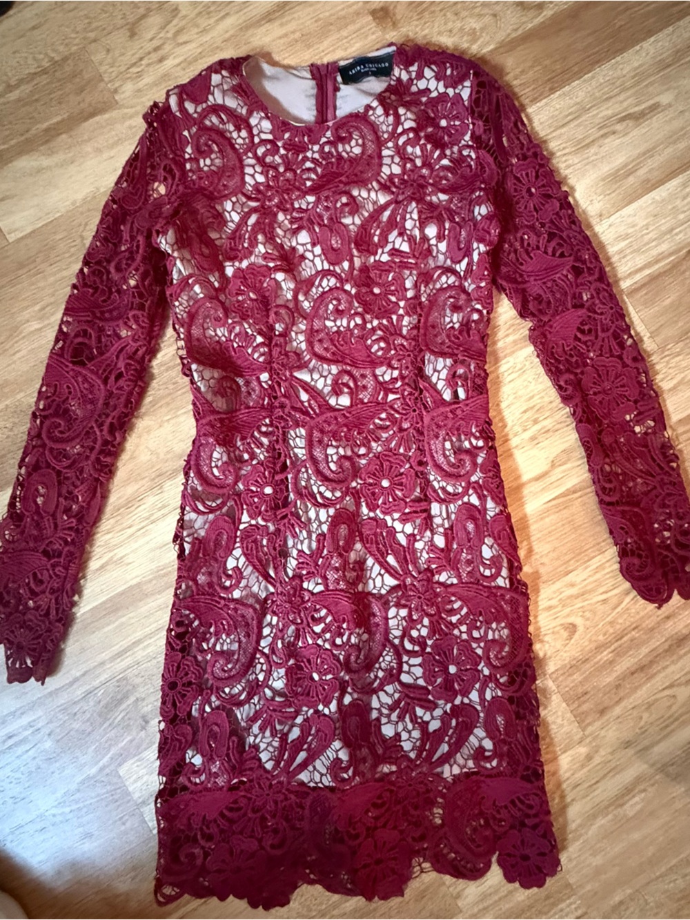 AKIRA Burgundy Floral Crochet Lace Long Sleeve Dress